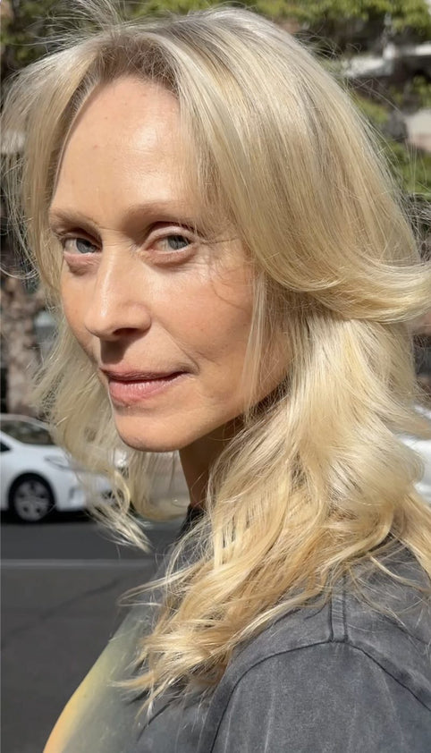 Soft grey blending into blonde around the face, grey hair blending at QUE Colour Sydney